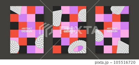 Vibrant neo geometric design posters set. Collection of 3d torus, cone, cylinder and sphere shapes on checkered background. Set of retro futuristic templates for cover, banner, flyer. Vector pack 105516720