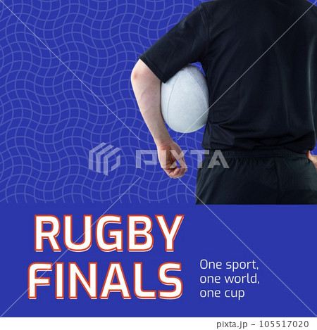 Rugby finals text in white on blue with midsection of caucasian male rugby player holding ball 105517020