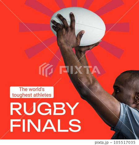 Rugby finals text in white on red with african american male rugby player holding ball 105517035