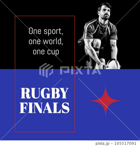 Rugby finals text in white on blue and black with caucasian male rugby player placing ball 105517091