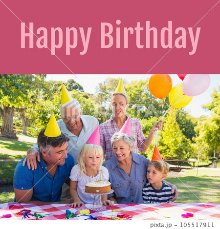Composite of happy birthday text over happy caucasian family in party hats at birthday party 105517911