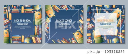 Back to school frame design. Set of postcard templates with backpack, books, globe. School, Knowledge, education.Background with school supplies Back to school frame design. Set of postcard templates with backpack, books, globe. School, Knowledge, education.Background with school supplies 105518883
