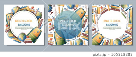 Back to school frame design. Set of postcard templates with backpack, books, globe. School, Knowledge, education.Background with school supplies 105518885