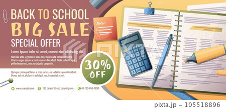 Vertical banner with paper, calculator and office supplies. Back to school, study, education. Office supplies scattered on the surface. Discount flyer with school items 105518896