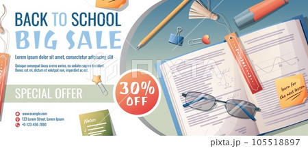 Back to school discount banner template with diary, pencil case, pen and paper clips scattered on the surface. Learning, knowledge, education. Flyer, poster with textbooks 105518897