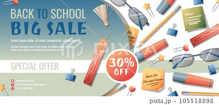 Back to school discount banner template with diary, pencil case, pen and paper clips scattered on the surface. Learning, knowledge, education. Flyer, poster with textbooks 105518898