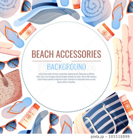 Summer background with beach accessories. Beach frame made of straw bag, hat and sunscreen. Beach holidays, holidays, summer time, sea vibe. Poster, flyer, card for summer sale 105518899