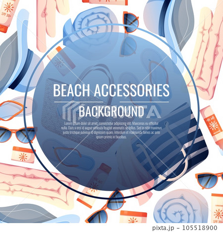 Summer background with beach accessories. Beach frame made of straw bag, hat and sunscreen. Beach holidays, holidays, summer time, sea vibe. Poster, flyer, card for summer sale 105518900
