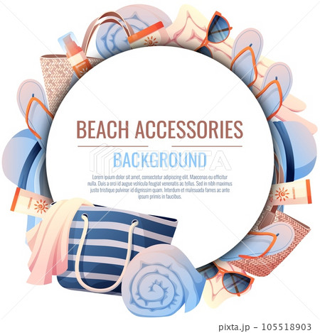 Summer background with beach accessories. Beach frame made of straw bag, hat and sunscreen. Beach holidays, holidays, summer time, sea vibe. Poster, flyer, card for summer sale 105518903