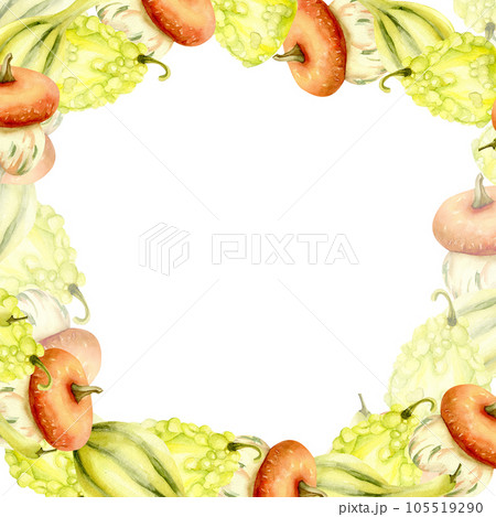 Watercolor autumn composition made of pumpkin, flowers and leaves .Seamless frame Watercolor autumn composition made of pumpkin, flowers and leaves .Seamless frame 105519290