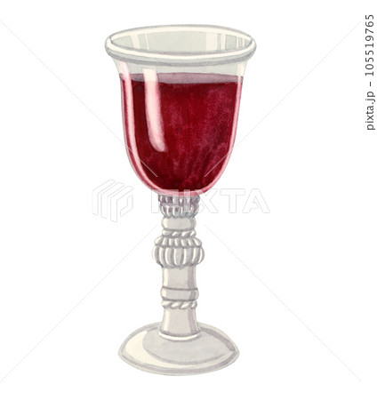 Glass of red wine watercolor illustration isolated on white background. Vintage transparent goblet for kiddush and Shabbat Glass of red wine watercolor illustration isolated on white background. Vintage transparent goblet for kiddush and Shabbat 105519765