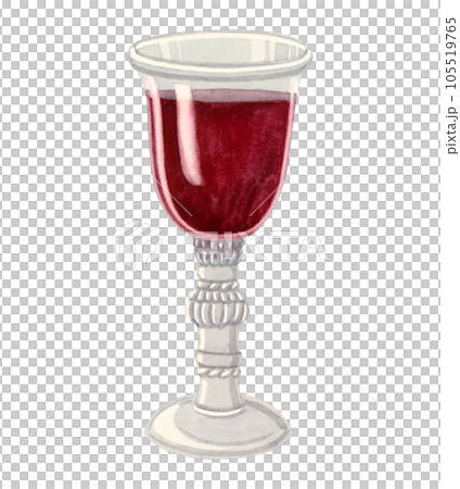 Glass of red wine watercolor illustration isolated on white background. Vintage transparent goblet for kiddush and Shabbat 105519765