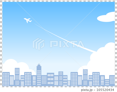 爽やかでシンプルな青空と入道雲と飛行機雲とビル街 105520434