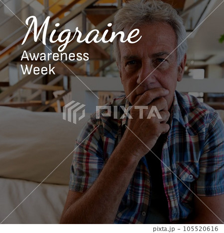 Migraine awareness week text in white over stressed senior caucasian man at home 105520616