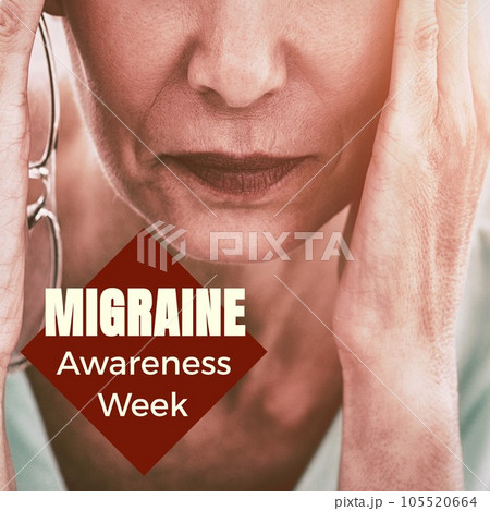 Migraine awareness week text in white with senior caucasian woman holding head in pain 105520664
