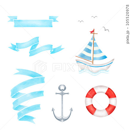 Set of watercolor blue sea label badge pastel 105520978