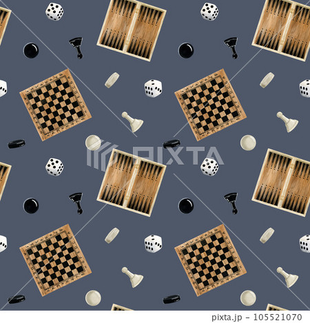Dark blue table board games chess, backgammon and checkers with white gambling dices cubes watercolor seamless pattern for hobby and leisure activity 105521070