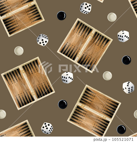 Backgammon boards, checkers and white gambling dices cubes watercolor seamless pattern on brown background for hobby and table games designs 105521071