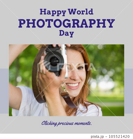 Happy world photography day text in blue with smiling caucasian woman using camera in park 105521420