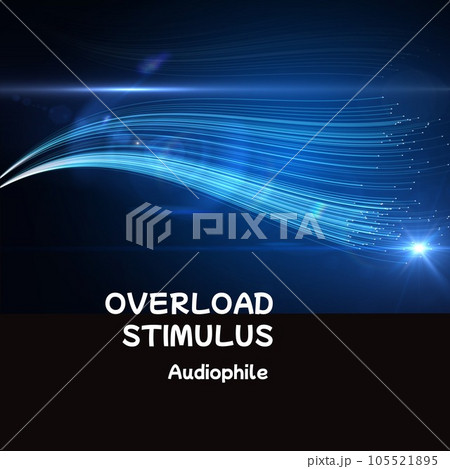Composition of overload stimulus audiophile text over blue light trails on black background Composition of overload stimulus audiophile text over blue light trails on black background 105521895
