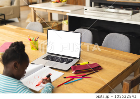 African american girl sitting at table using laptop with copy space for online lesson African american girl sitting at table using laptop with copy space for online lesson 105522843