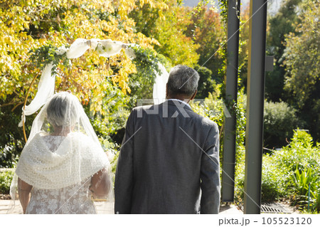 Rear view of happy senior biracial bride and groom holding hands at sunny outdoor wedding ceremony Rear view of happy senior biracial bride and groom holding hands at sunny outdoor wedding ceremony 105523120