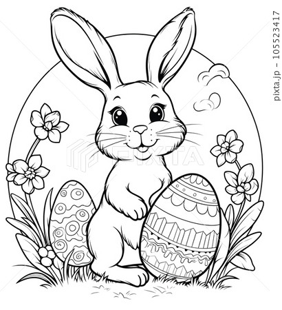 イースターエッグとかわいいウサギの塗り絵 AI画像のイラスト素材