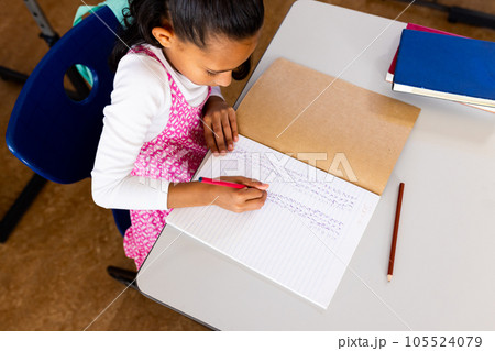 High angle view of biracial girl writing at desk in elementary school classroom with copy space 105524079