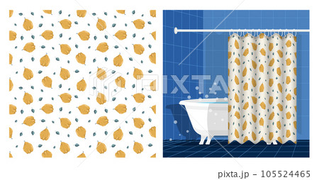 Bathroom interior with bathtub and curtain decorated seamless pattern with quince fruit whole and leaves. Exotic fruit party. Vector illustration, ornament for design of posters, printing on fabric Bathroom interior with bathtub and curtain decorated seamless pattern with quince fruit whole and leaves. Exotic fruit party. Vector illustration, ornament for design of posters, printing on fabric 105524465
