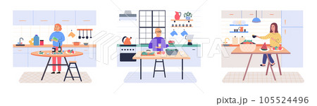 People cooking vegetarian food. Vector illustration. Smiling people cooking on home interior kitchen table. Characters cooking fresh salad and other healthy meals from fresh vegetables 105524496