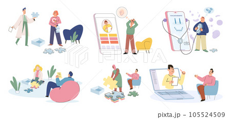 People during mental therapy sessions with psychotherapists or psychologists practicing different psychotherapy approaches. Psychological therapy and counselling with therapist. Mental therapy session 105524509
