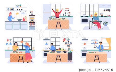 People cooking vegetarian food. Vector illustration. Chef cooks preparing food cook hands on the kitchen table. Set with people who cook and utensils. Food and cooking banner. Cooking vegatable 105524516