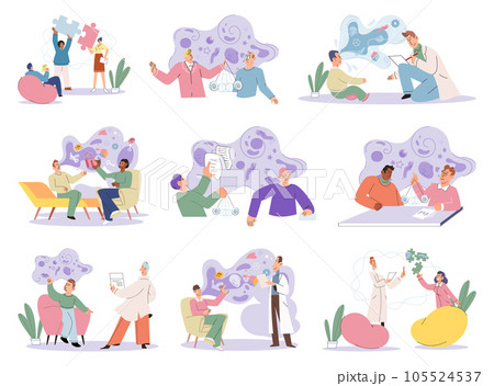 Counselling assistance of a psychologist. Patients problem. Psychologist has an individual meeting with her patient. Psychotherapists, psychologists work with mental health of clients, patients 105524537