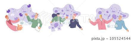 People during mental therapy sessions with psychotherapists or psychologists practicing different psychotherapy approaches. Psychotherapist has Individual session patient and sees positive results People during mental therapy sessions with psychotherapists or psychologists practicing different psychotherapy approaches. Psychotherapist has Individual session patient and sees positive results 105524544