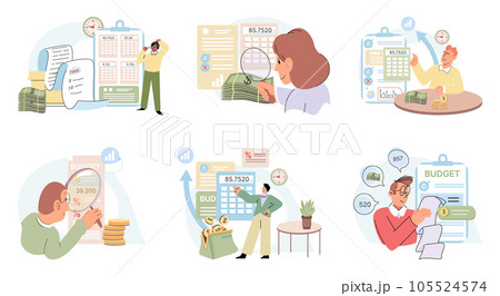 People analysis budget Calculate financial plan save income expense management. Financial return investment, fund raising, revenue growth, interest rate, loan installment, credit money, budget balance 105524574