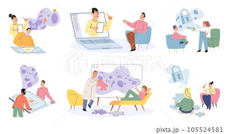 Counselling assistance of a psychologist. Patients problem. Psychologist has an individual meeting with her patient. Psychotherapists, psychologists work with mental health of clients, patients 105524581