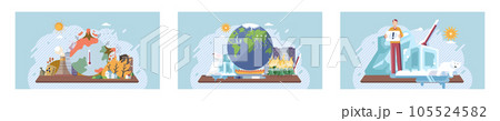 Metaphor climate change, global warming and water crisis. Measuring planet temperature. Global warming, greenhouse, melting ice, earth pollution and disaster. Plastic pollution and ecology problems 105524582
