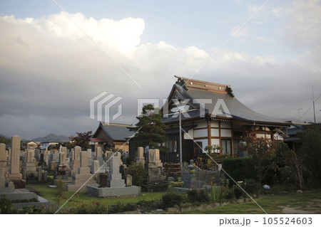 夕暮れ迫るお寺の本堂と墓石 105524603