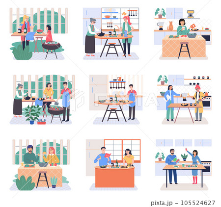 People cooking vegetarian food. Vector illustration. Man and woman with children preparing food for dinner. People cooking. Husband and wife are preparing together. Vegetarian nutrition People cooking vegetarian food. Vector illustration. Man and woman with children preparing food for dinner. People cooking. Husband and wife are preparing together. Vegetarian nutrition 105524627