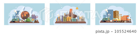Saving the planet, World Environment Day. Planet Earth in smoke, plastic, garbage. Global warming set. Greenhouse effect of CO2. Eco activist. Ecological catastrophy. Earth with reasons of destroying 105524640