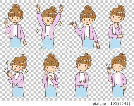 若い女性のジェスチャーセット 上半身 背景なし 若い女性のジェスチャーセット 上半身 背景なし 105525411