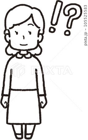 顔の右側に！？マークがある正面を向いている女性の全身線画イラスト  105525583