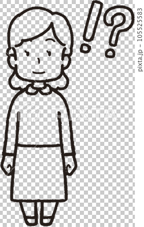 顔の右側に！？マークがある正面を向いている女性の全身線画イラスト  105525583