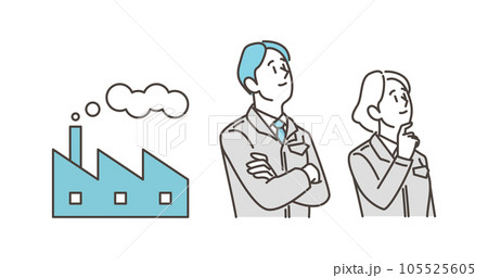 作業服姿で考える男女作業員と工場【ベクターイラスト素材】 105525605