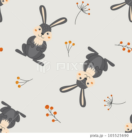 Seamless pattern with cute rabbit and twigs in cartoon style. Animals in the forest. Vector illustration. Seamless pattern with cute rabbit and twigs in cartoon style. Animals in the forest. Vector illustration. 105525690