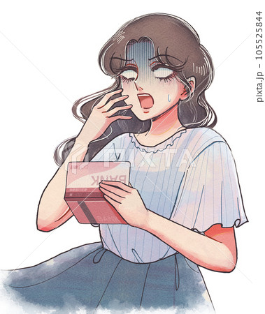 通帳を片手にショックを受ける、浪費癖のある少女漫画風女性 通帳を片手にショックを受ける、浪費癖のある少女漫画風女性 105525844