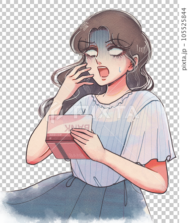 通帳を片手にショックを受ける、浪費癖のある少女漫画風女性 通帳を片手にショックを受ける、浪費癖のある少女漫画風女性 105525844