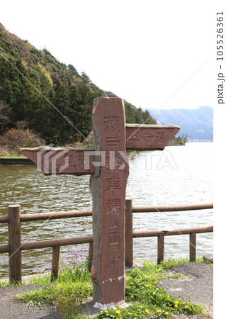 水月湖  桜と水月湖　桜と三方五湖　三方湖　水月湖標識　三方五湖　若狭町　福井県　桜　春景色 105526361