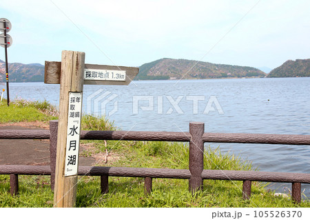 水月湖  桜と水月湖　桜と三方五湖　三方湖　水月湖標識　三方五湖　若狭町　福井県　桜　春景色 105526370