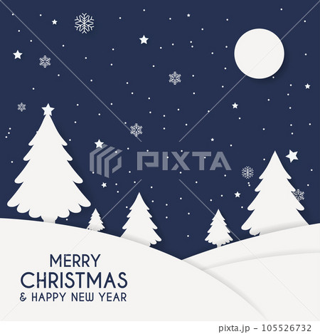 Merry chrismas and Happy new year greeting card. Winter night with christmas tree and moon. Paper art style. Vector 105526732